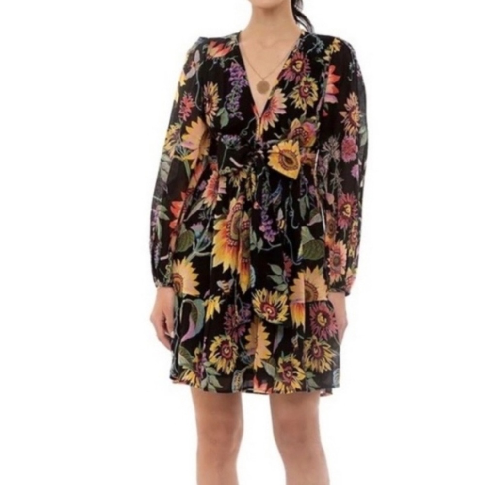 Banjanan Cotton Floral Sunflower Print Long Sleeve Tie Waist Mini Dress Small.